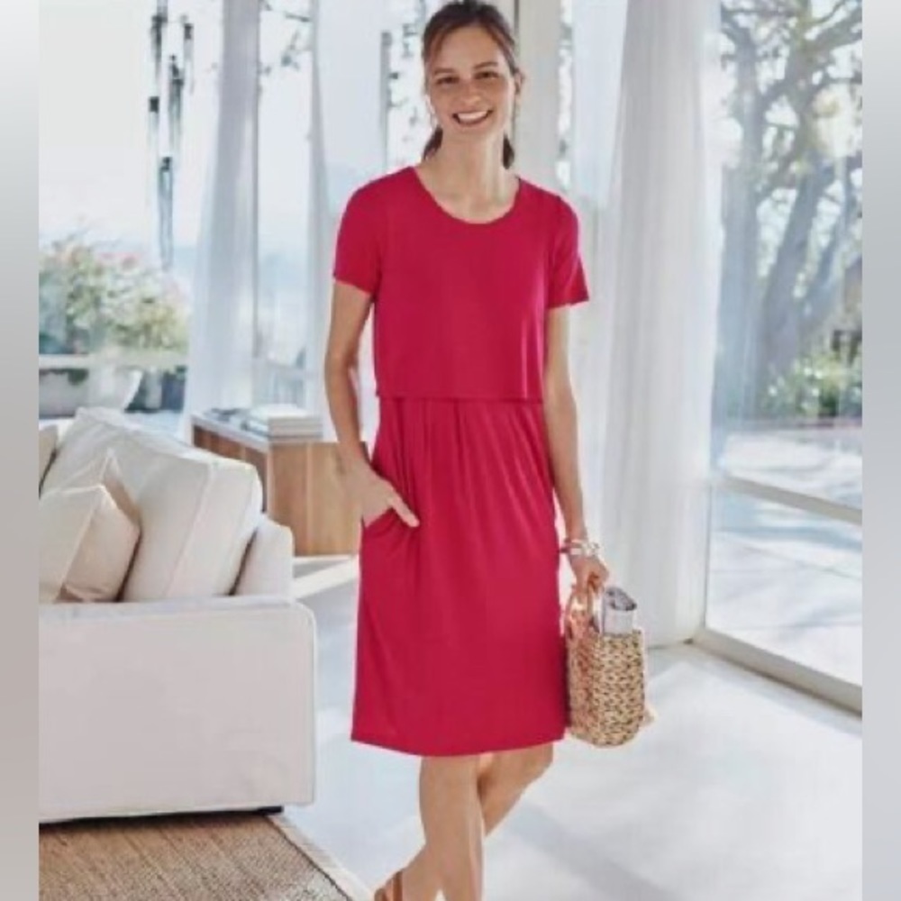 J. JILL Jersey Knit Layered Short Sleeve Sangria Dress Pockets Red Size Medium - Picture 1 of 11